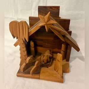 Olive Wood Nativity Scene Handmade Folk Art Solid Piece Rustic Primitive